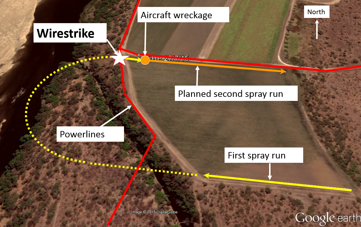 Figure 1: Paddock to be sprayed showing powerlines and wirestrike location